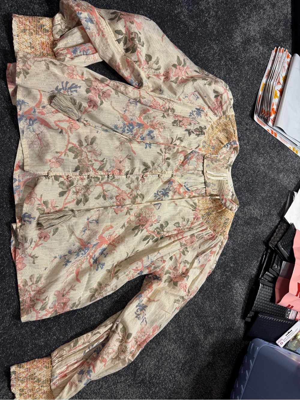 Anthropologie Cream Floral Smocked Boho Blouse with Gold Thread
